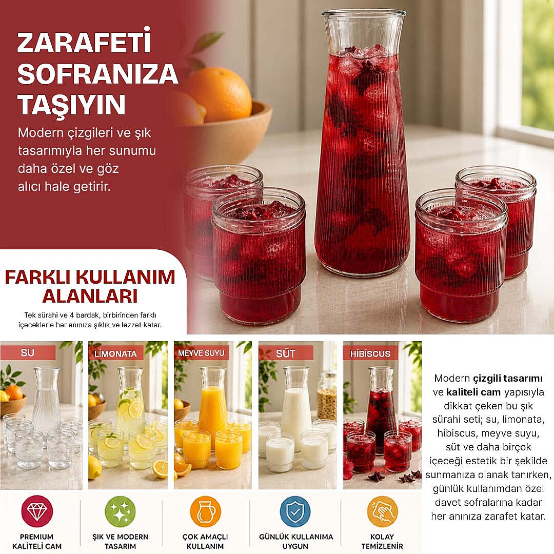 4lü Cam Karaf & Bardak Seti - Top Kapaklı Limonata Meşrubat Meyve Suyu Servis Sunum Seti - 2