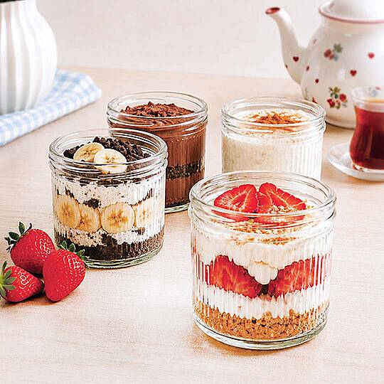 4'lü Cam Tatlı ve Sunum Kasesi Seti – 350 ml Çizgili Cam Magnolia - Tiramisu ve Tatlı Kasesi