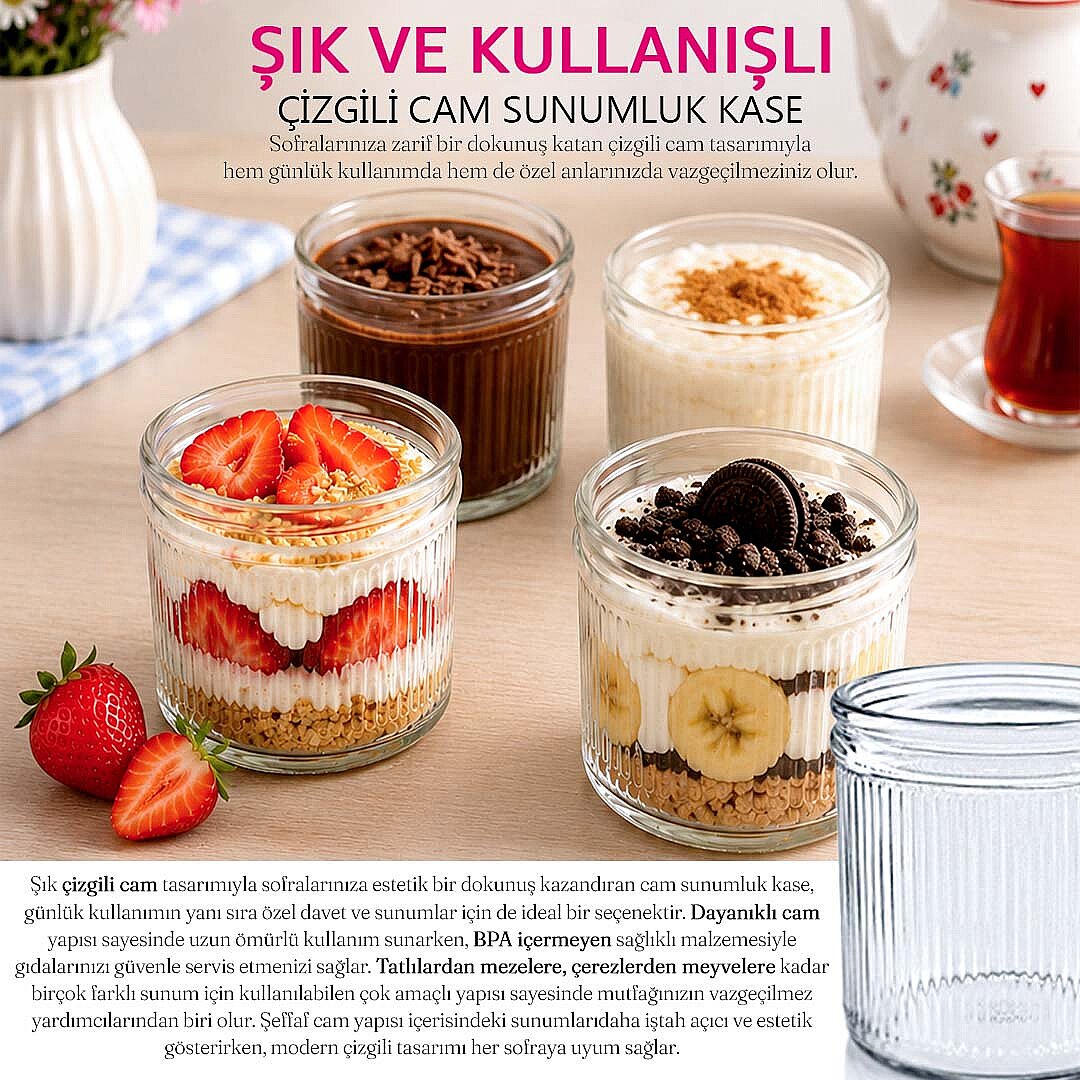 4'lü Cam Tatlı ve Sunum Kasesi Seti – 350 ml Çizgili Cam Magnolia - Tiramisu ve Tatlı Kasesi - 2