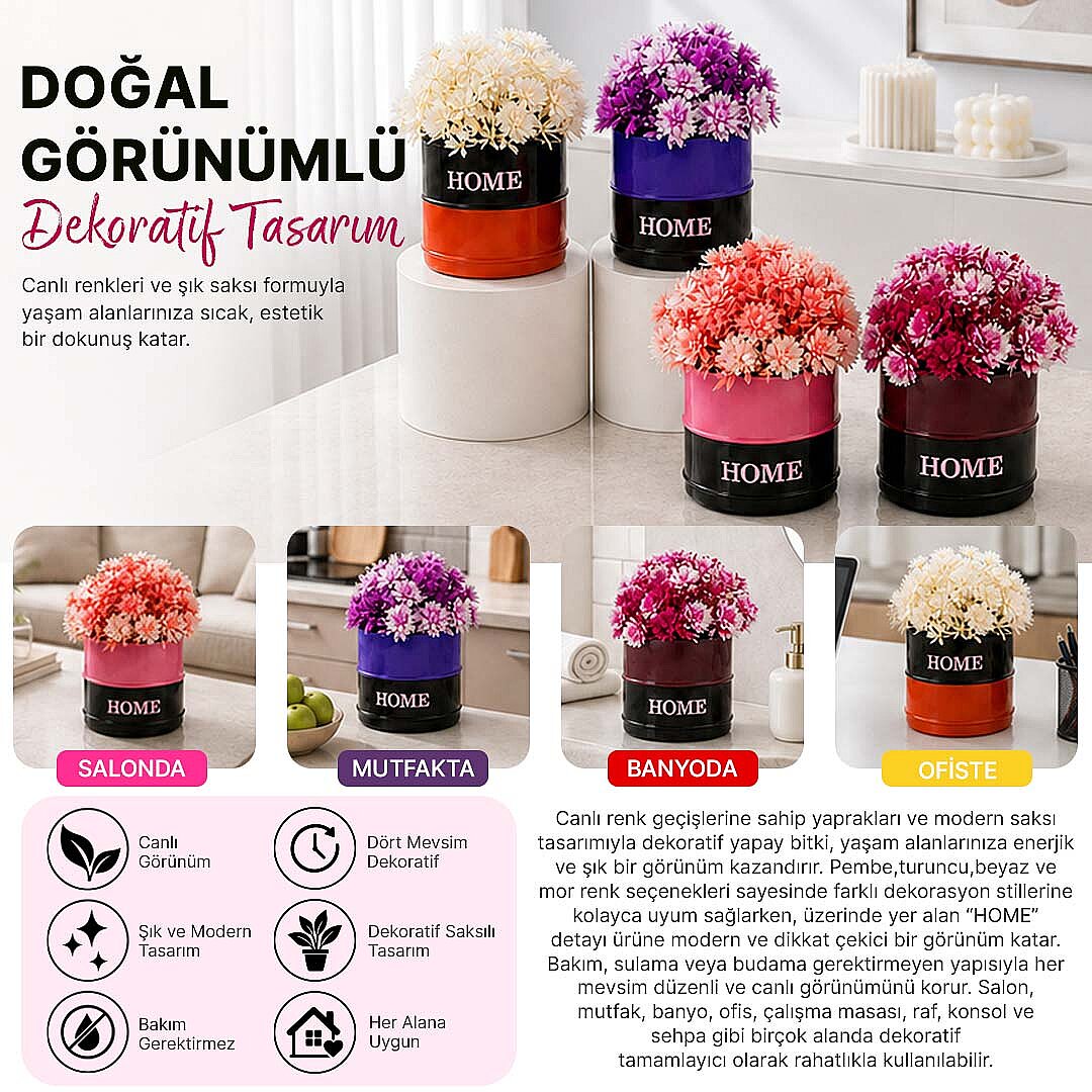 4lü Fiora Dekoratif Yapay Çiçek Seti - Home Saksılı Balkon Salon Mutfak Ofis Dekor Çiçeği - 2