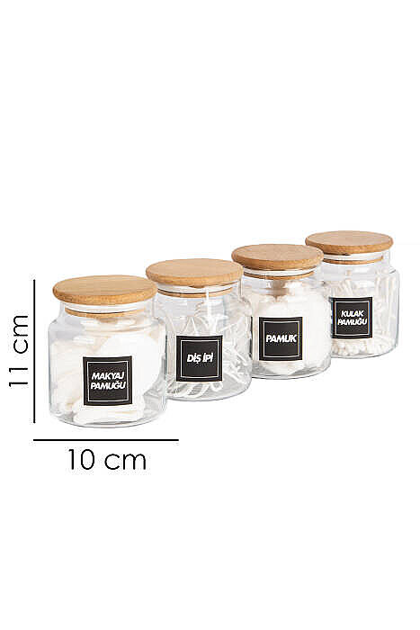 4lü Bambu Vakumlu Kapaklı Kulak Pamuğu Makyaj Pamuğu Diş İpi ve Pamuk Kavanozu Pamukluk Seti 300 Ml - 5
