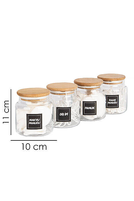 4lü Bambu Vakumlu Kapaklı Kulak Pamuğu Makyaj Pamuğu Diş İpi ve Pamuk Kavanozu Pamukluk Seti 300 Ml - 8