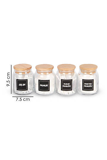 4lü Bambu Vakumlu Kapaklı Kulak Pamuğu Makyaj Pamuğu Diş İpi ve Pamuk Kavanozu Pamukluk Seti 300 Ml - 3