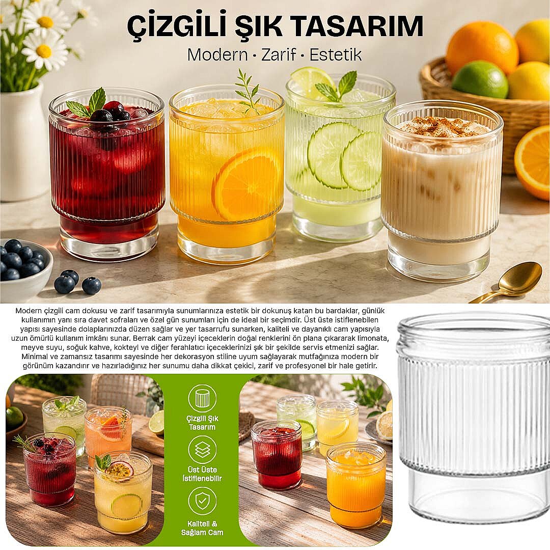 4’lü Pinterest Model Çizgili Cam Bardak 300 ml Kokteyl Limonata ve Su Bardağı - 2