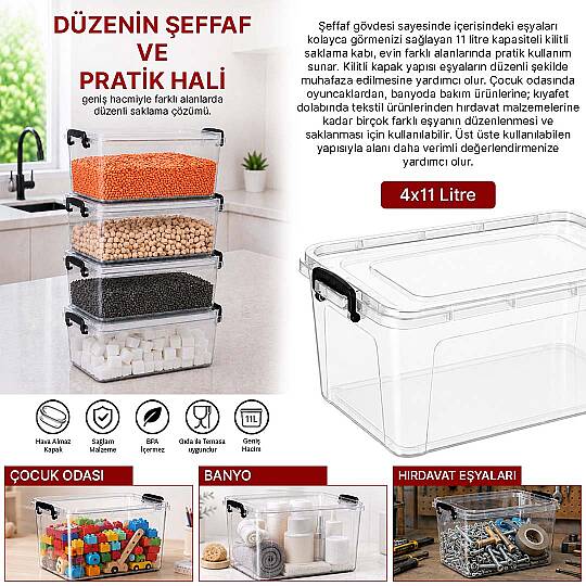 4lü Set 11 Lt Kilitli Un Bakliyat Erzak Saklama Kabı Çok Amaçlı Düzenleyici Oyuncak Deterjan Kutusu - 2