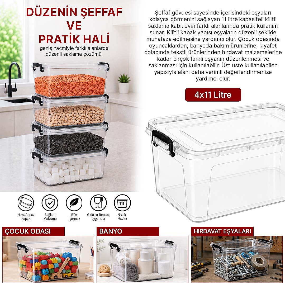 4lü Set 11 Lt Kilitli Un Bakliyat Erzak Saklama Kabı Çok Amaçlı Düzenleyici Oyuncak Deterjan Kutusu - 2