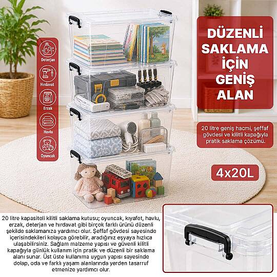 4lü Set 20 Lt Kilitli Saklama Kutusu Çok Amaçlı Düzenleyici Kiler Erzak Hırdavat Oyuncak Organizer - 2
