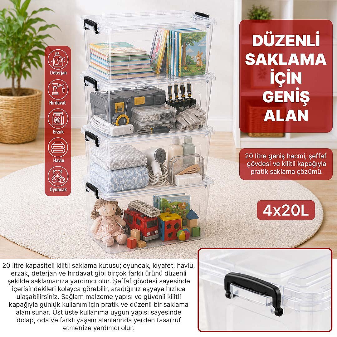 4lü Set 20 Lt Kilitli Saklama Kutusu Çok Amaçlı Düzenleyici Kiler Erzak Hırdavat Oyuncak Organizer - 2