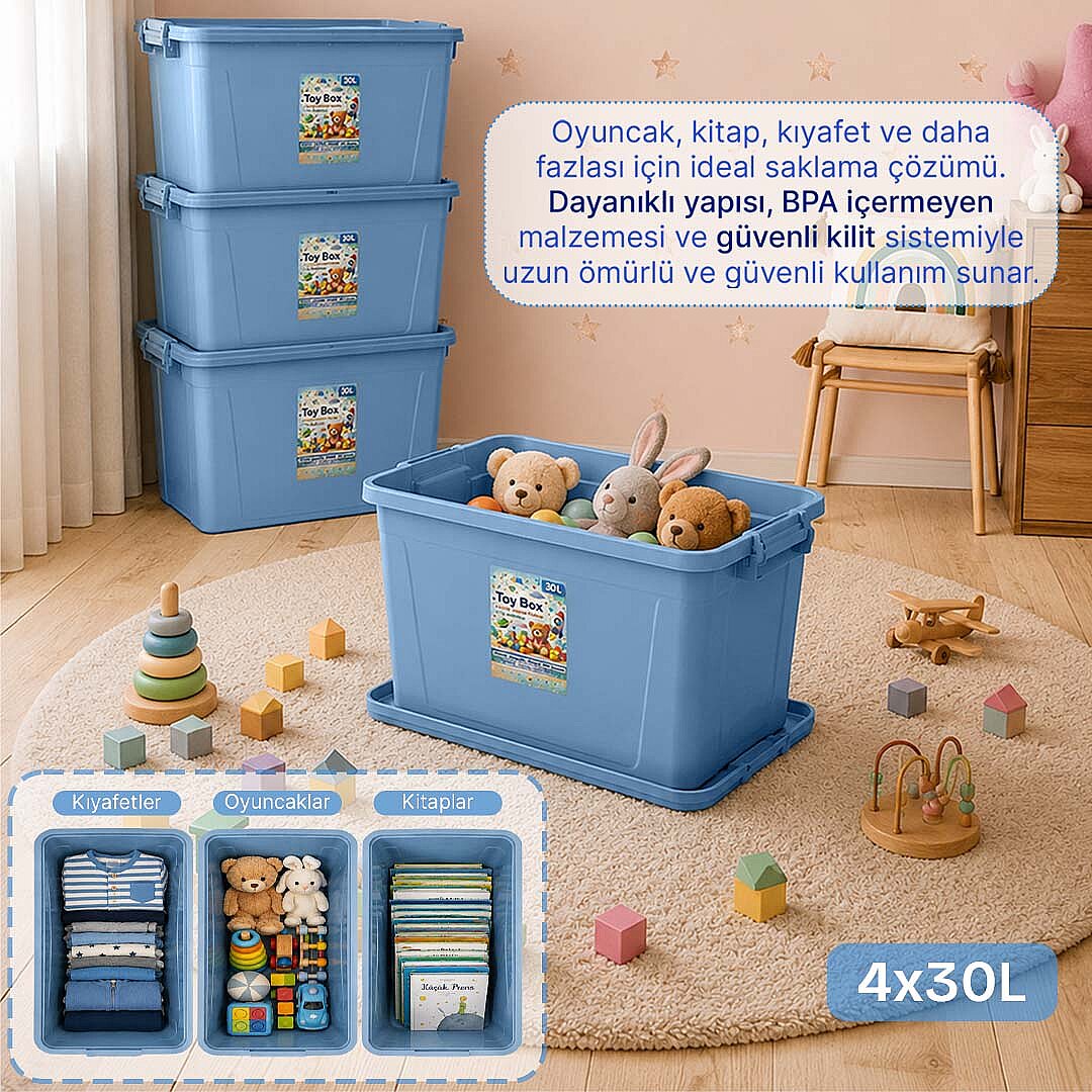 4lü Set - 30 Lt Kilitli Oyuncak Saklama Kutusu - Çok Amaçlı Organizer Kiler Erzak Çocuk Odası Düzenleyici Kasa - 2