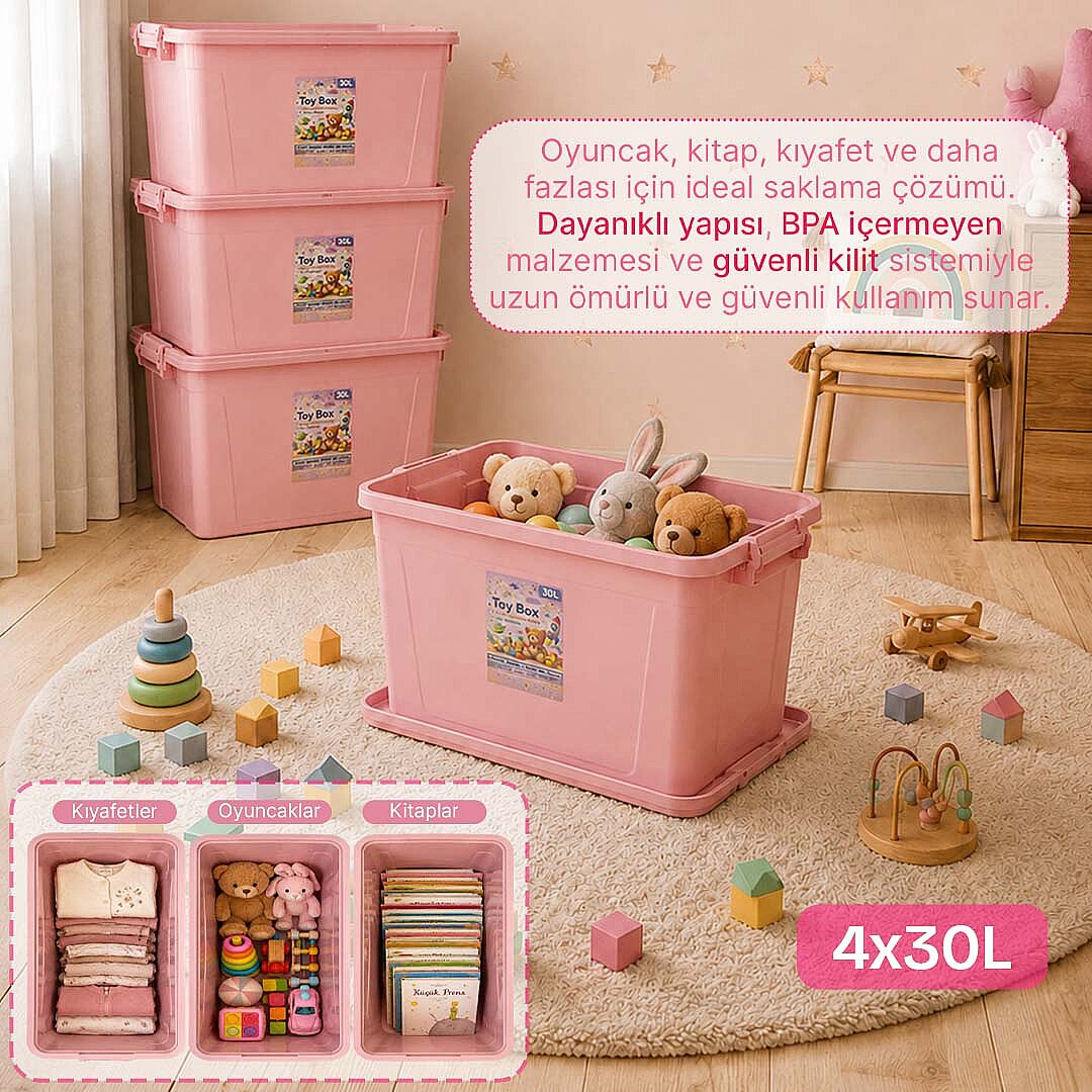 4lü Set - 30 Lt Kilitli Oyuncak Saklama Kutusu - Çok Amaçlı Organizer Kiler Erzak Çocuk Odası Düzenleyici Kasa - 2