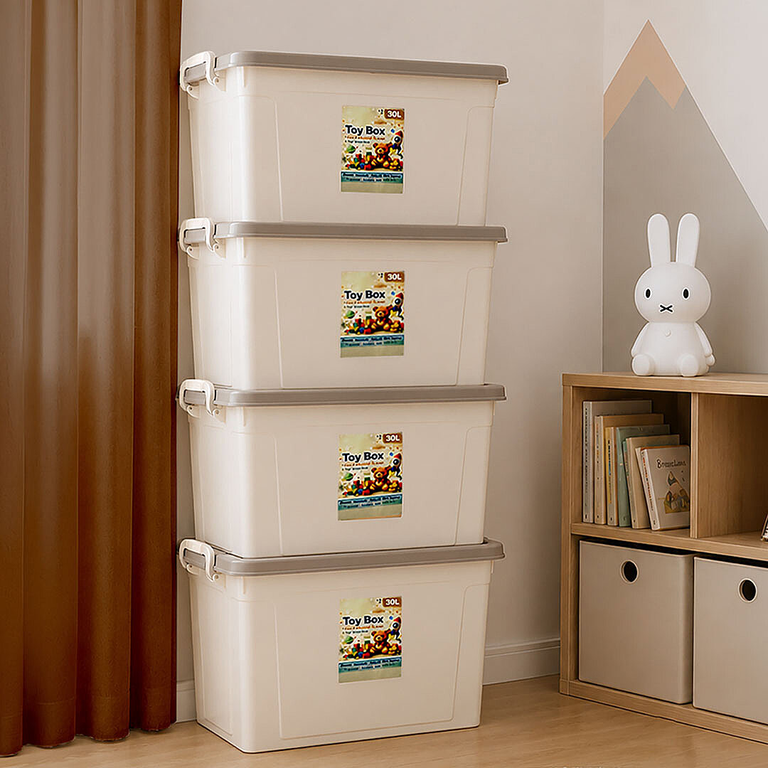 4lü Set - 30 Lt Kilitli Oyuncak Saklama Kutusu - Çok Amaçlı Organizer Kiler Erzak Çocuk Odası Düzenleyici Kasa - 1