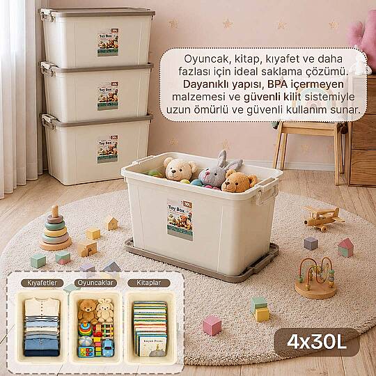 4lü Set - 30 Lt Kilitli Oyuncak Saklama Kutusu - Çok Amaçlı Organizer Kiler Erzak Çocuk Odası Düzenleyici Kasa - 2