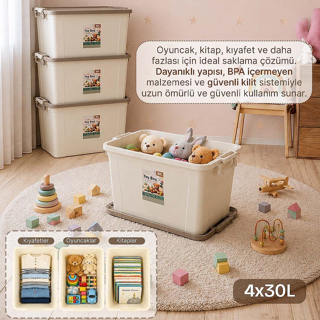 4lü Set - 30 Lt Kilitli Oyuncak Saklama Kutusu - Çok Amaçlı Organizer Kiler Erzak Çocuk Odası Düzenleyici Kasa - 2