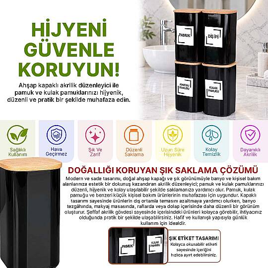 4'lü Siyah Akrilik Banyo Düzenleyici Seti – Doğal Ahşap Vakum Kapaklı Pamuk Kulak Pamuğu Makyaj Pamuğu Diş İpi Kabı - 2