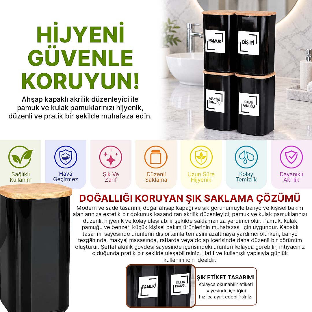 4'lü Siyah Akrilik Banyo Düzenleyici Seti – Doğal Ahşap Vakum Kapaklı Pamuk Kulak Pamuğu Makyaj Pamuğu Diş İpi Kabı - 2