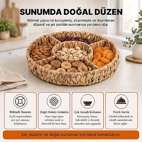 5 Bölmeli Örme Hasır Çerezlik – Dekoratif İkramlık Sunumluk ve Servis Tabağı - 2