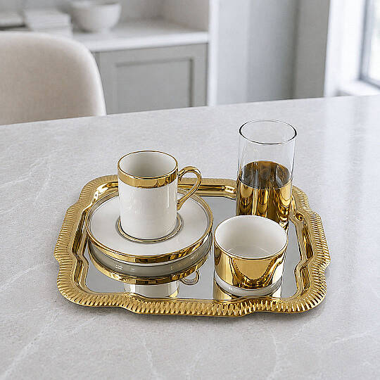 5 Parça Gold Tepsili Kahve Yanı Sunum Seti – Bardaklı Servis İkram ve Kahve Sunum Takımı