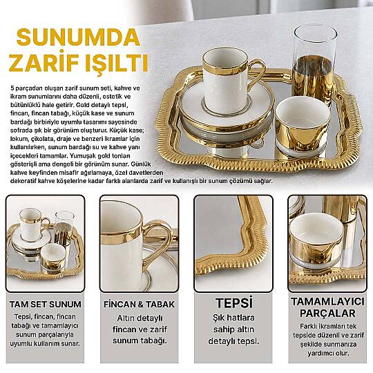 5 Parça Gold Tepsili Kahve Yanı Sunum Seti – Bardaklı Servis İkram ve Kahve Sunum Takımı - 2