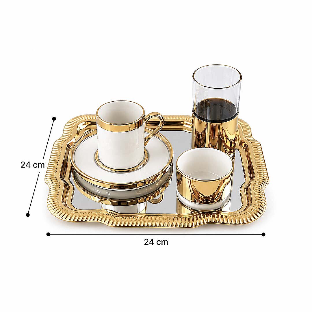 5 Parça Gold Tepsili Kahve Yanı Sunum Seti – Bardaklı Servis İkram ve Kahve Sunum Takımı - 3