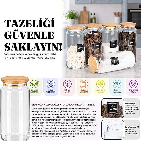 5li Ahşap Vakumlu Kapaklı 1400 Ml Un Tuz Çay Şeker Kahve Erzak Saklama Kavanozu - 2