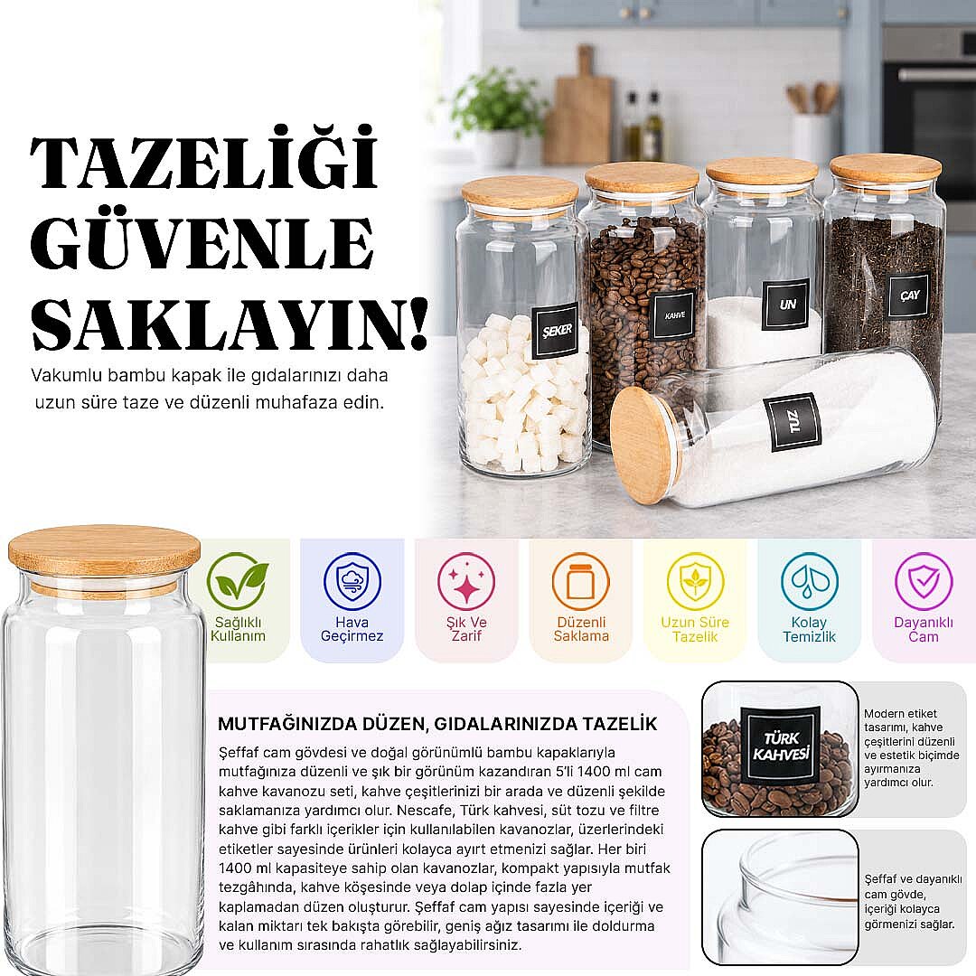 5li Ahşap Vakumlu Kapaklı 1400 Ml Un Tuz Çay Şeker Kahve Erzak Saklama Kavanozu - 2