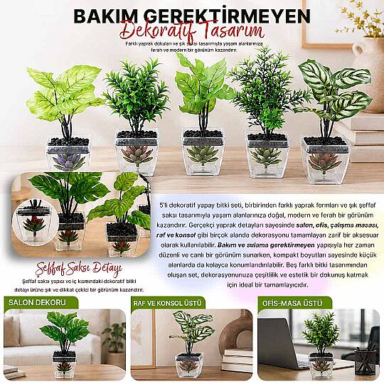 5li Lucca Dekoratif Saksılı Yapay Çiçek Seti - Yeşil Yapraklı Balkon Salon Mutfak Ofis Dekor Çiçeği - 2