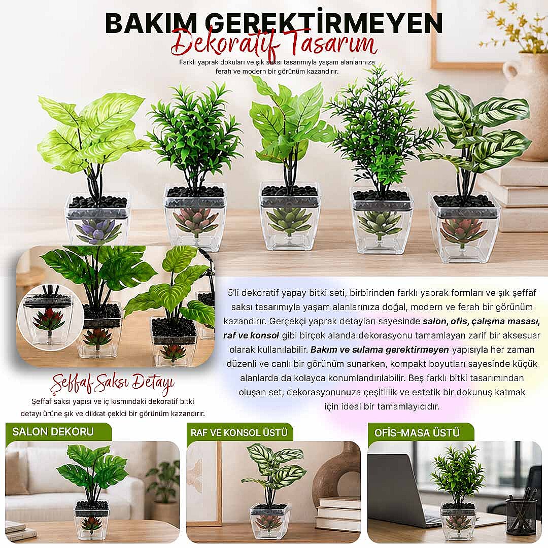 5li Lucca Dekoratif Saksılı Yapay Çiçek Seti - Yeşil Yapraklı Balkon Salon Mutfak Ofis Dekor Çiçeği - 2