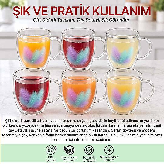6'lı 350 ml Çift Cidarlı Cam Kupa Seti – Gerçek Tüy Tasarımlı Kulplu Çay Kahve Bardağı - 2