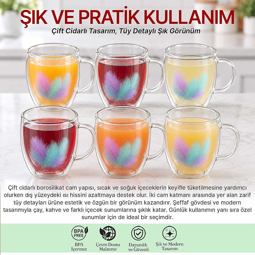 6'lı 350 ml Çift Cidarlı Cam Kupa Seti – Gerçek Tüy Tasarımlı Kulplu Çay Kahve Bardağı - 2