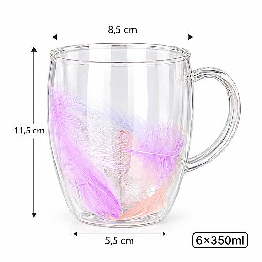 6'lı 350 ml Çift Cidarlı Cam Kupa Seti – Gerçek Tüy Tasarımlı Kulplu Çay Kahve Bardağı - 3