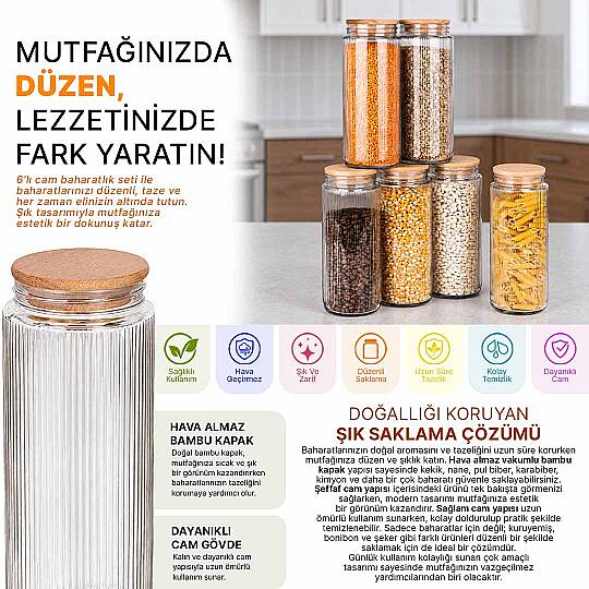 6 Adet Ahşap Vakumlu Kapaklı Cam Kavanoz ve Erzak Saklama Kabı ve Düzenleyici 1500 ML - 2