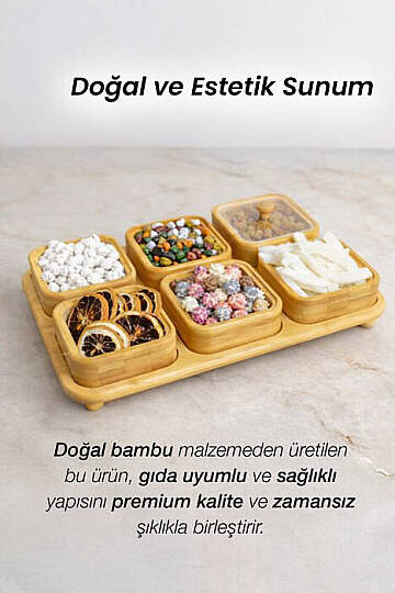 6 Bölmeli Bambu Tepsili Kahvaltılık Seti – Akrilik Kapaklı Çerezlik Çok Amaçlı Servis Sunum Tepsisi - 2