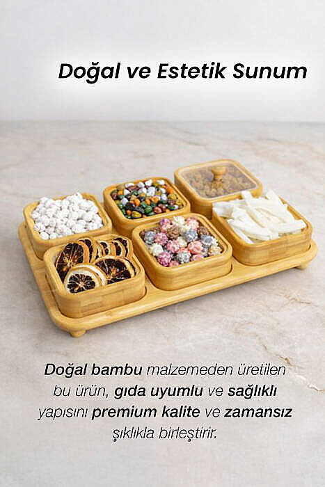 6 Bölmeli Bambu Tepsili Kahvaltılık Seti – Akrilik Kapaklı Çerezlik Çok Amaçlı Servis Sunum Tepsisi - 2
