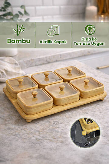 6 Bölmeli Bambu Tepsili Kahvaltılık Seti – Akrilik Kapaklı Çerezlik Çok Amaçlı Servis Sunum Tepsisi - 3