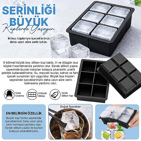 6 Bölmeli Büyük Boy Silikon Buz Kalıbı - Kare Buzluk Kokteyl Sunum Et Suyu Saklama Kalıbı - 2