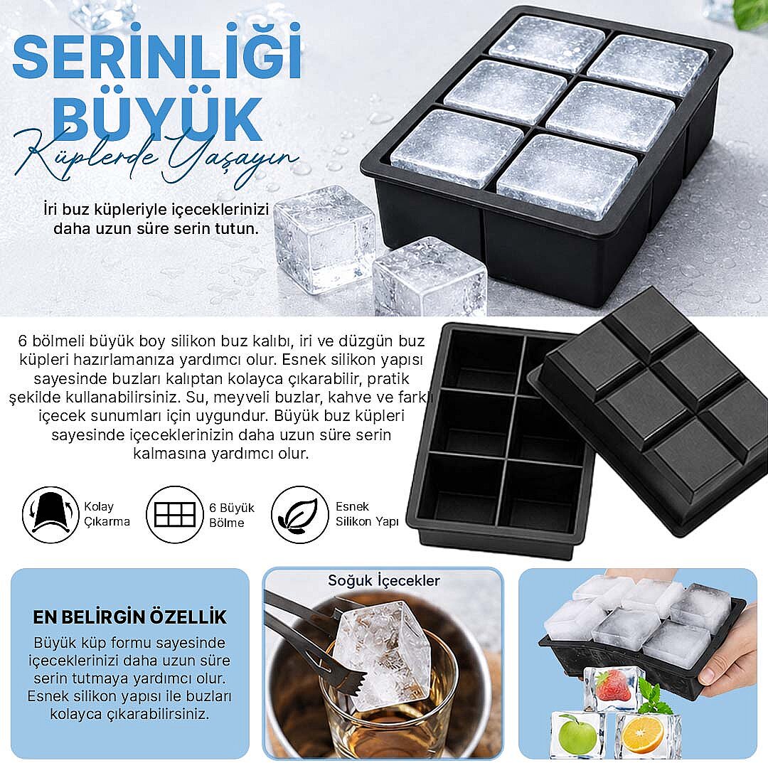 6 Bölmeli Büyük Boy Silikon Buz Kalıbı - Kare Buzluk Kokteyl Sunum Et Suyu Saklama Kalıbı - 2