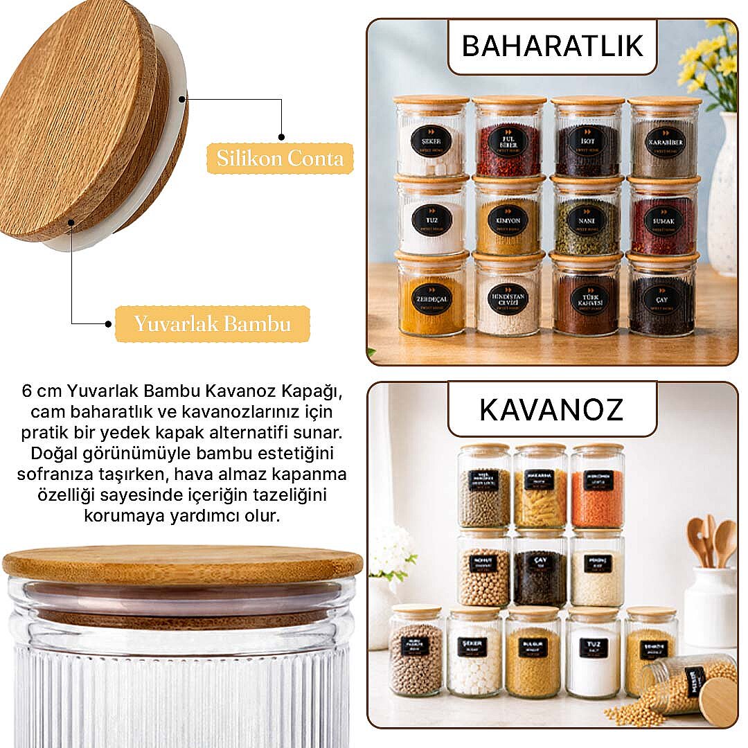 6 cm Yuvarlak Bambu Kavanoz Kapağı - Cam Baharatlık & Kavanoz İçin Hava Almaz Ahşap Yedek Kapak - 2