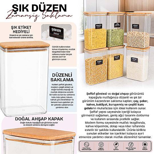 6'lı 3 Lt Ahşap Vakum Kapaklı Etiketli Erzak Saklama Kabı – Bakliyat Kuru Gıda Düzenleyici Set - 2