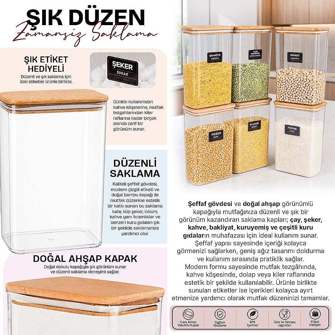 6'lı 3 Lt Ahşap Vakum Kapaklı Etiketli Erzak Saklama Kabı – Bakliyat Kuru Gıda Düzenleyici Set - 2