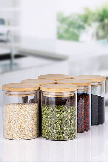 6 Parça Şeffaf Etiketli Vakumlu Bambu Kapaklı Borosilikat Cam Baharatlık 350 ML - 2