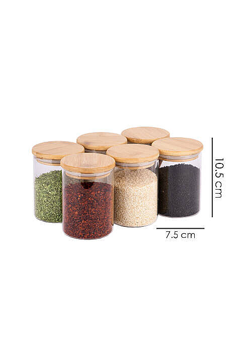 6 Parça Şeffaf Etiketli Vakumlu Bambu Kapaklı Borosilikat Cam Baharatlık 350 ML - 4