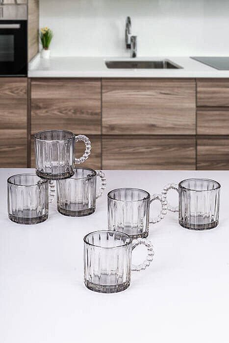 6'lı 130 ml Füme Cam Bardak Seti – Boncuk Kulplu Tasarım Çay Kahve Meşrubat Bardağı - 1