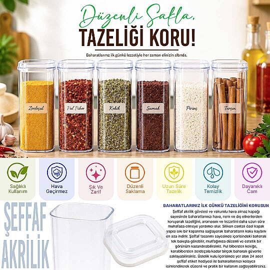 6’lı Şeffaf 300 ml Akrilik Vakumlu Kapaklı Baharatlık Seti 24 Adet Etiket Hediyeli - 2