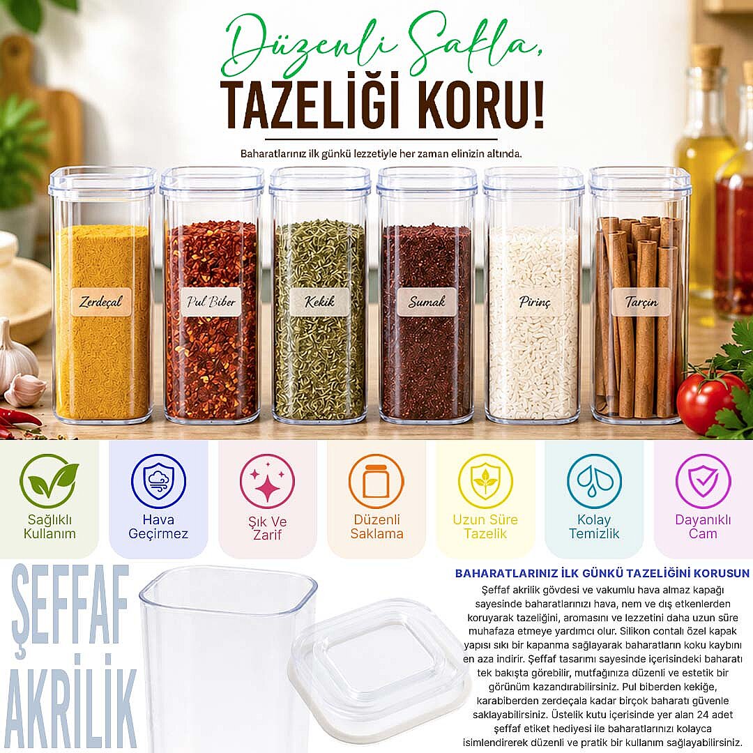 6’lı Şeffaf 300 ml Akrilik Vakumlu Kapaklı Baharatlık Seti 24 Adet Etiket Hediyeli - 2