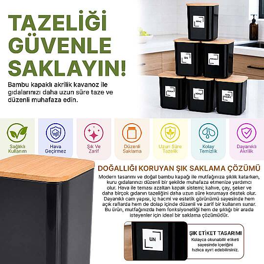 6'lı 900 ml Siyah Akrilik Erzak Saklama Kabı Seti – Ahşap Vakum Kapaklı Etiketli Saklama Kavanozu - 2