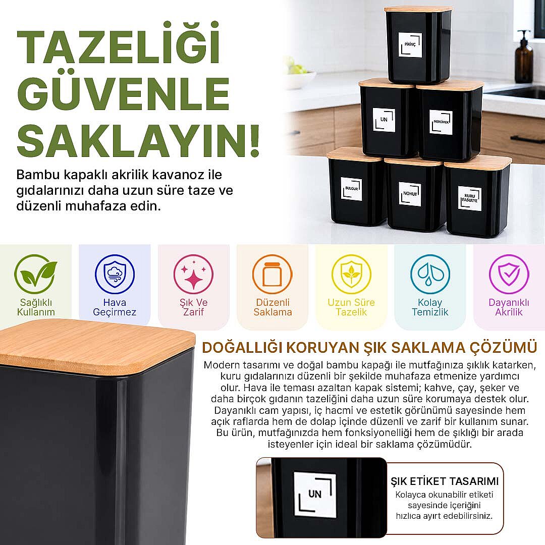 6'lı 900 ml Siyah Akrilik Erzak Saklama Kabı Seti – Ahşap Vakum Kapaklı Etiketli Saklama Kavanozu - 2