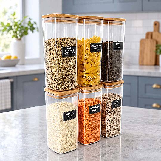 6lı Ahşap Vakumlu Kapak Erzak Saklama Kabı Seti - Mutfak Düzenleyici Etiketli Akrilik Un Bakliyat Kabı 6 x 1,70 Lt