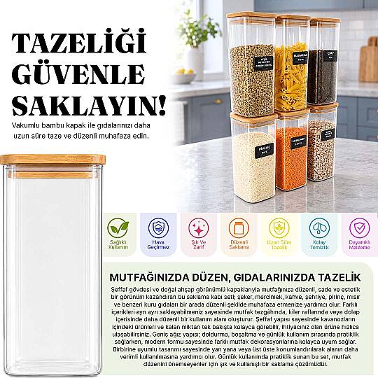 6lı Ahşap Vakumlu Kapak Erzak Saklama Kabı Seti - Mutfak Düzenleyici Etiketli Akrilik Un Bakliyat Kabı 6 x 1,70 Lt - 2