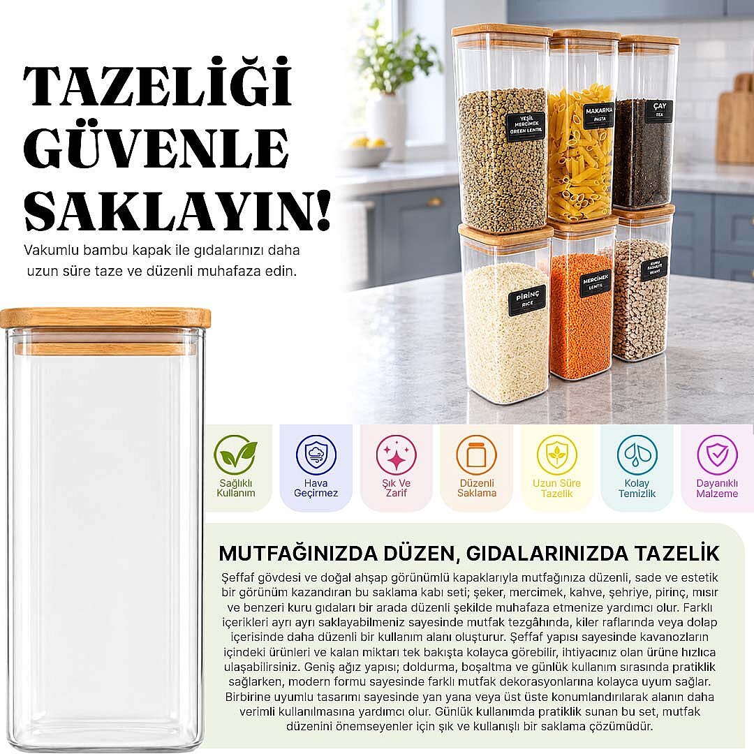 6lı Ahşap Vakumlu Kapak Erzak Saklama Kabı Seti - Mutfak Düzenleyici Etiketli Akrilik Un Bakliyat Kabı 6 x 1,70 Lt - 2
