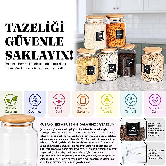 6'lı 1000 ml Ahşap Vakum Kapaklı Erzak Kavanozu Seti – Bakliyat Kuru Gıda Saklama Kabı - 2